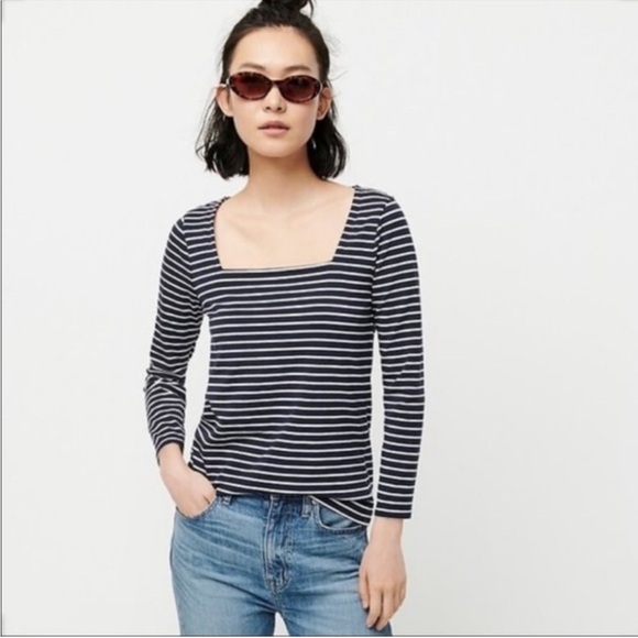 J. Crew Tops - NWT J. Crew Navy Blue White Stripe Long Sleeve Shirt Square Neck Size Large